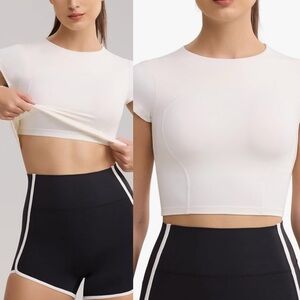 Enerbloom Built In Bra Cropped Athletic Short Sleeve Top XL Cream White